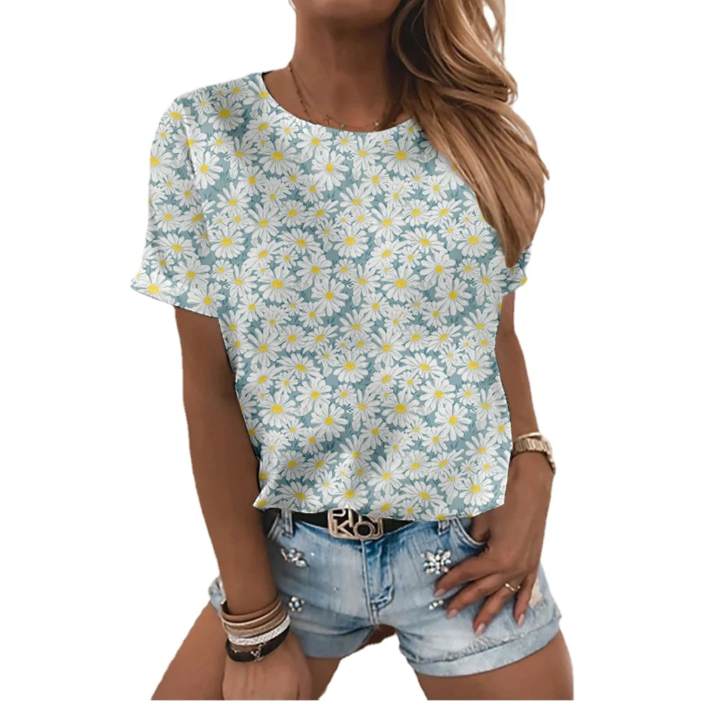 

Summer Hedging Women's clothing floral pattern printed 3D round neck T-shirt plus size Top short sleeved loose fresh and sweet