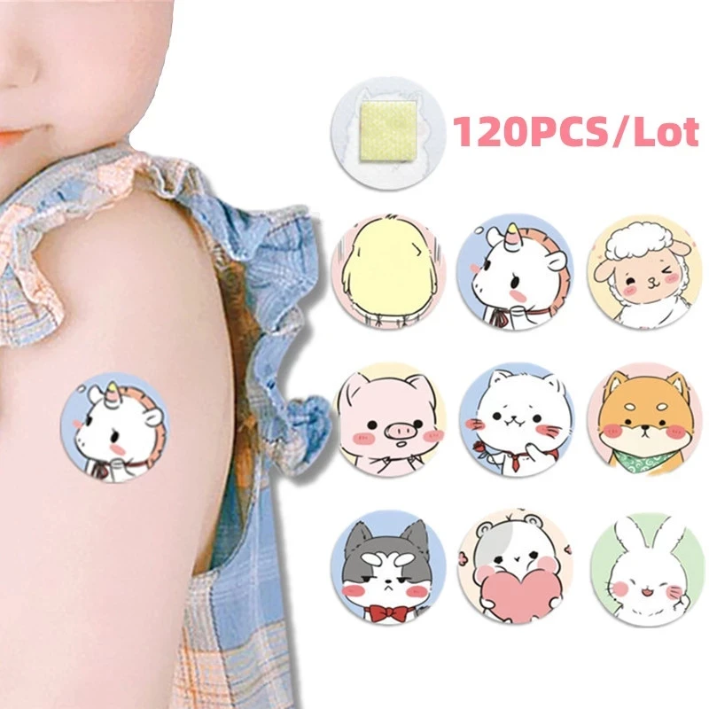 

120pcs/lot Cartoon Vaccinum Skin Patch Tape Sticker Waterproof Breathable Band Aid Round Shaped Adhesive Bandages for Children
