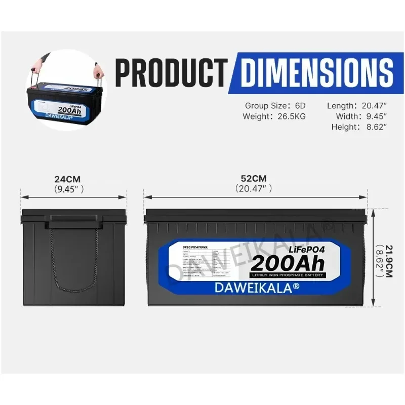 12 В 200 Ач LiFePO4 Батарея Литий-железо-фосфатная батарея Встроенная BMS для солнечной