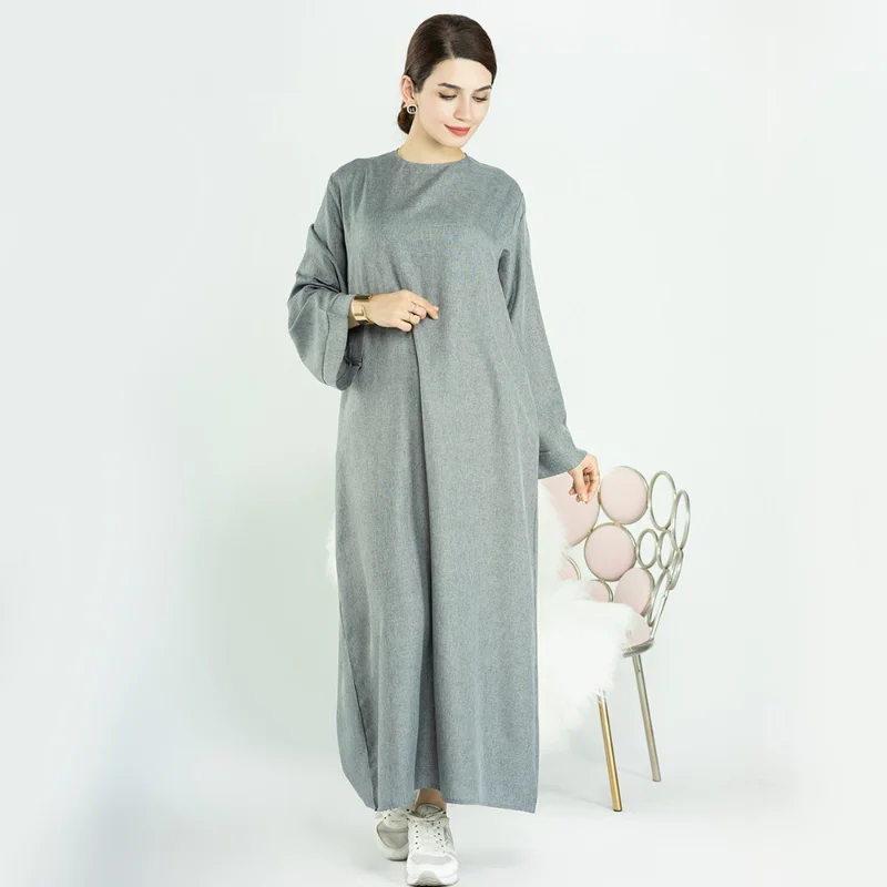 Islam Abaya Dress Solid Color Crewneck Long Sleeves Abayas for Women Loose Casual Robe Femme Musulmane