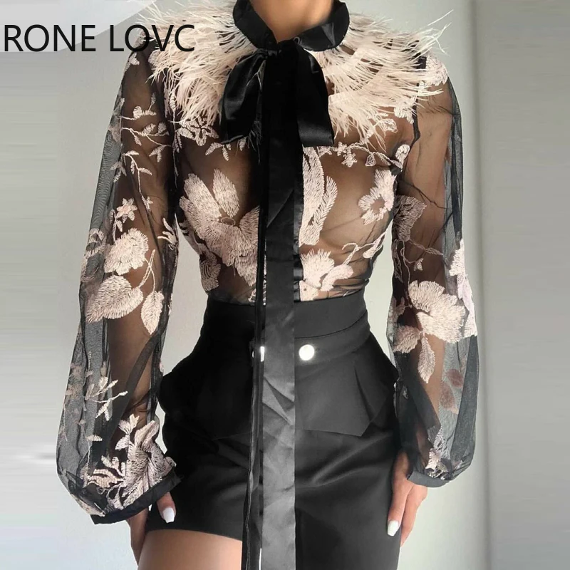 

Women Chic Floral Bowknot Lace up feather collar perspective Mesh Black Blouse