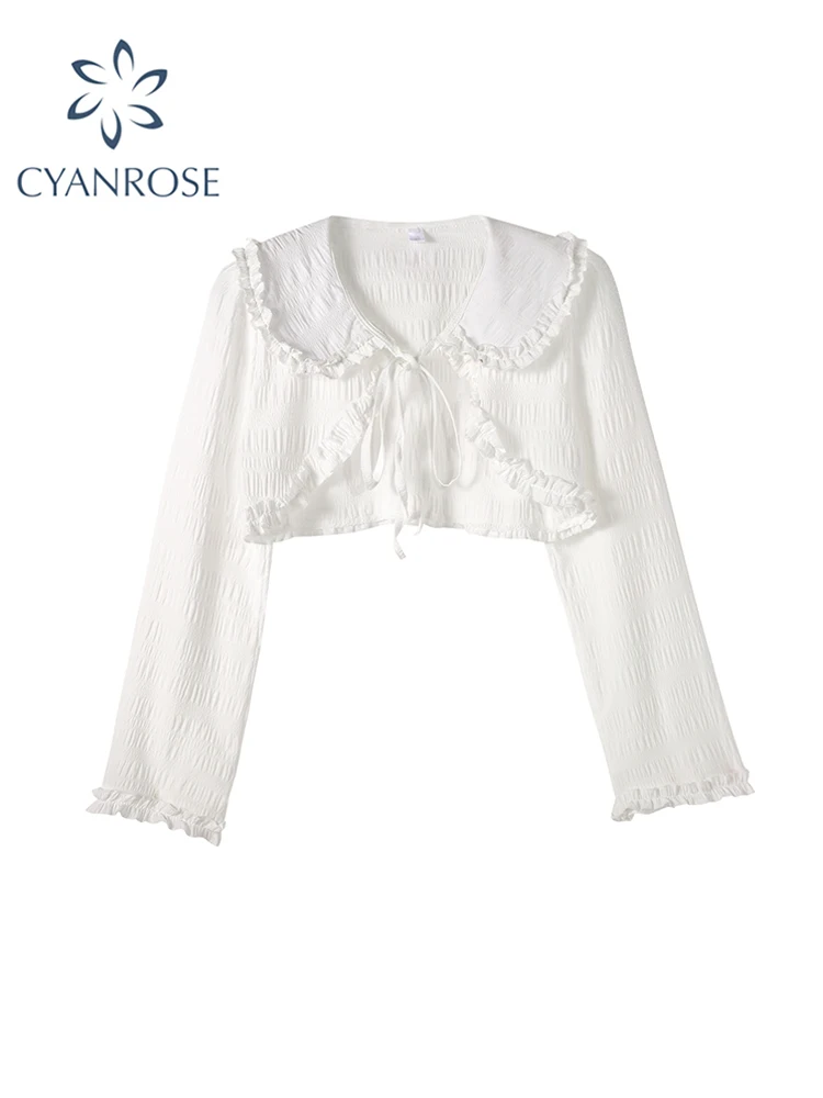 

Women White Shirts and Blouses Korean Harajuku Fashion Lace Up Peter Pan Collar Lolita Kawaii Vintage Shirt Top Clothes Summer