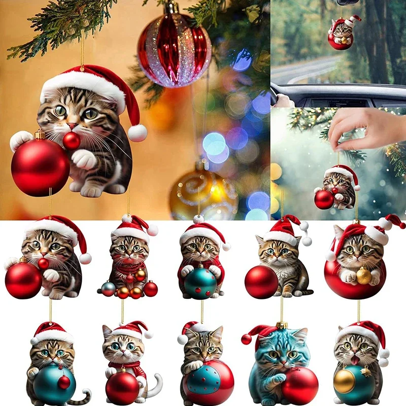 

Cat Christmas Ornament cat hanging Pendant 2D Animal Ornament Cartoon Christmas Tree decor for Christmas party Decorations