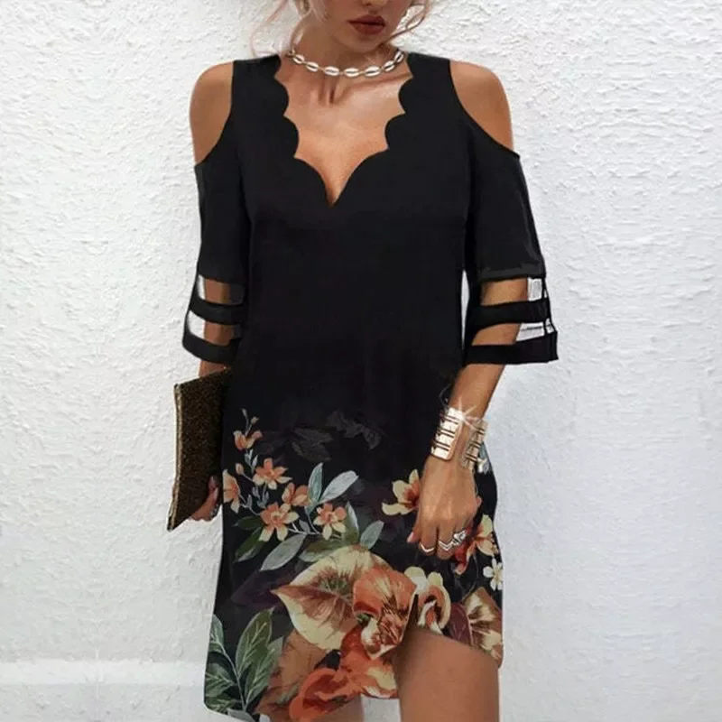 

New in 2022 Elegant V Neck Dress Women Summer Off Shoulderlace Mesh Patchwork Mini Dress Female Loose Floral Print Beach Short D
