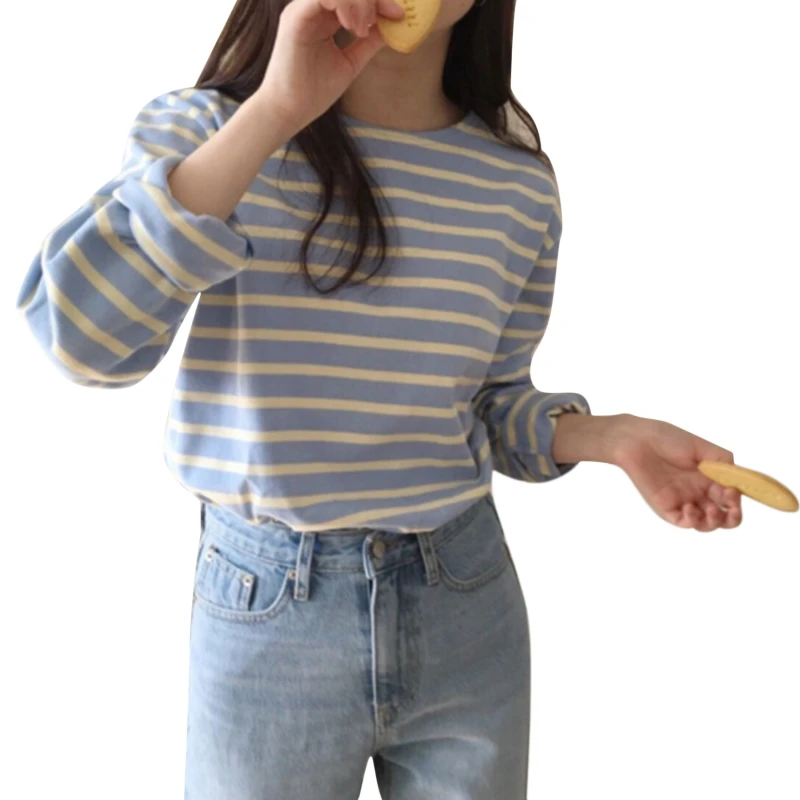 

Summer T Shirt Loose Striped Tshirt Women Autumn Long Sleeves O-neck Korean All-match Basic Woman Top Femme Tee T-shirts