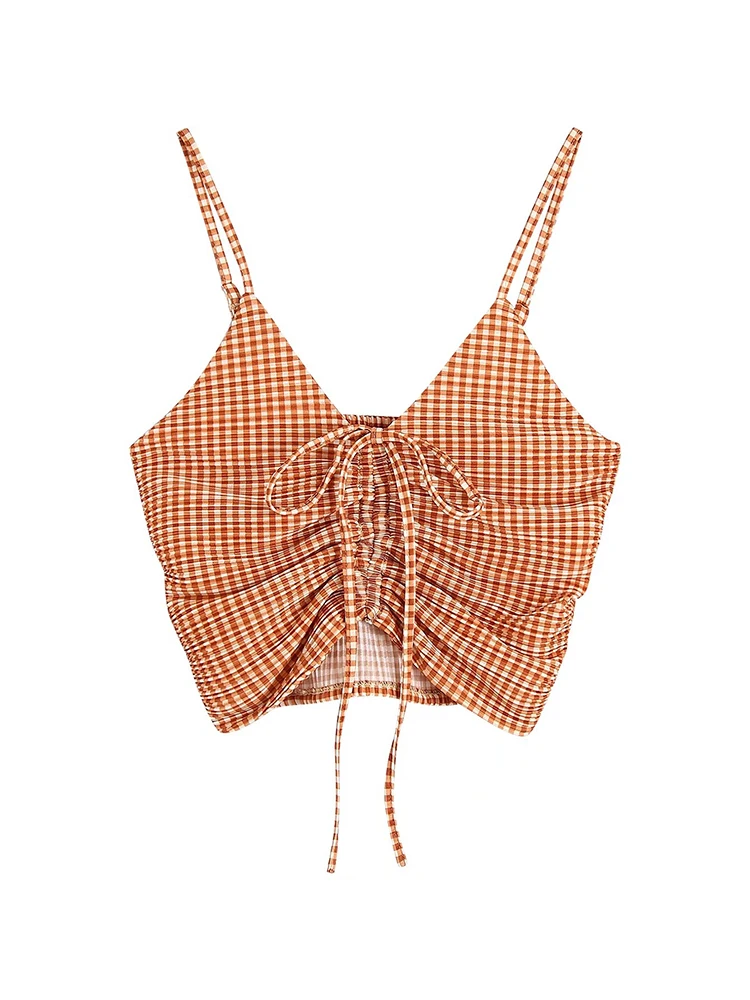 

Женский винтажный клетчатый топ на бретельках, с V-образным вырезом