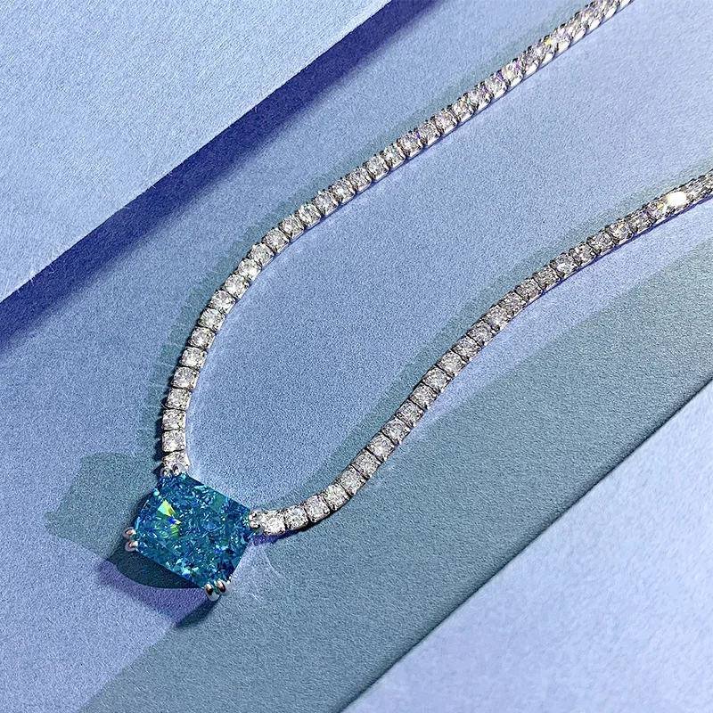 

925 silver powder diamond white diamond yellow diamond rectangular 8 * 10 high carbon diamond necklace ins wind