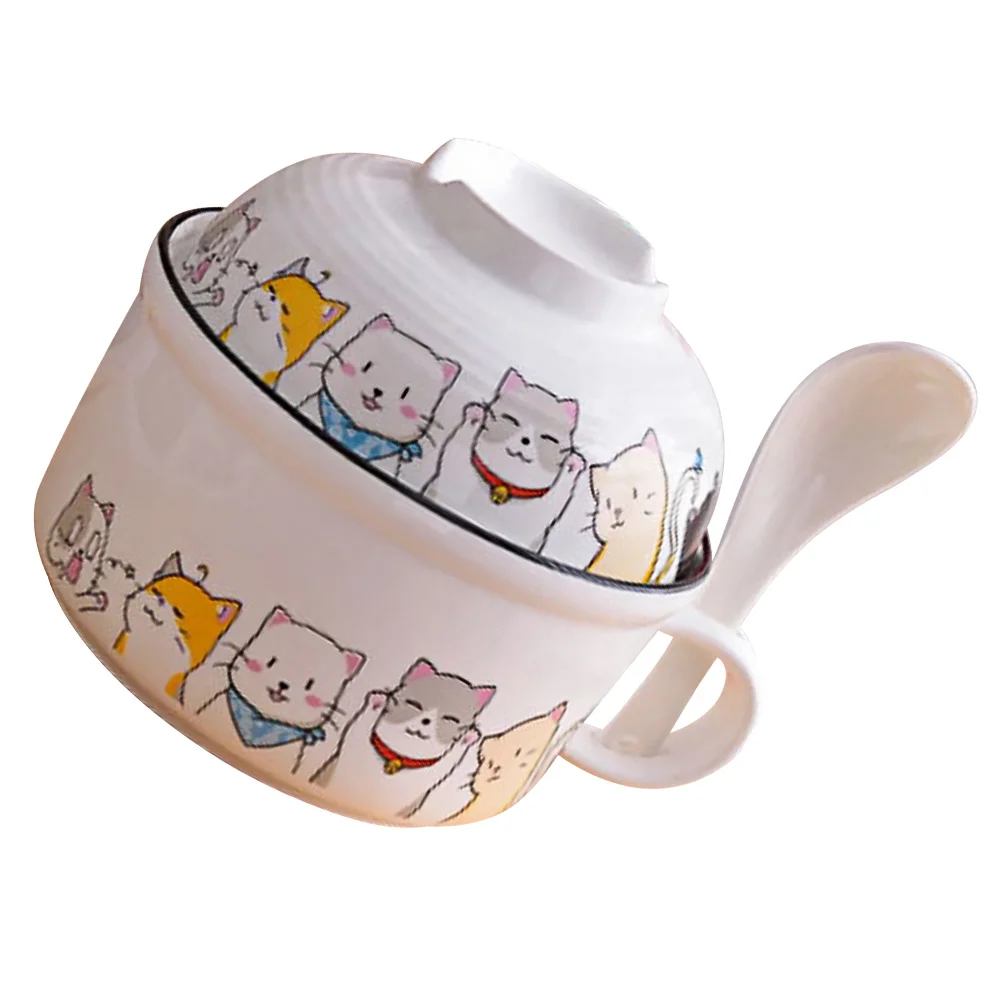 

Fruit Salad Bowl Soup Basin: Round Ceramic Mixing Bowl with Lid Spoon Serving Container for Pho Soba Ramen Rice Udon Cereal