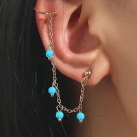 vintage gold plated long chain ear clips blue beaded tassel stud earrings without pierced ear clips for women jewelry