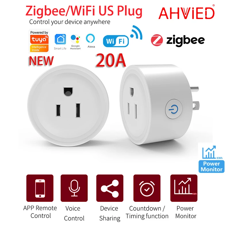 

AHVIED Tuya WiF Zigbee Plug With Energy Metering Function 20A/16A US Socket Smart Life App Control Work With Alexa Google Home