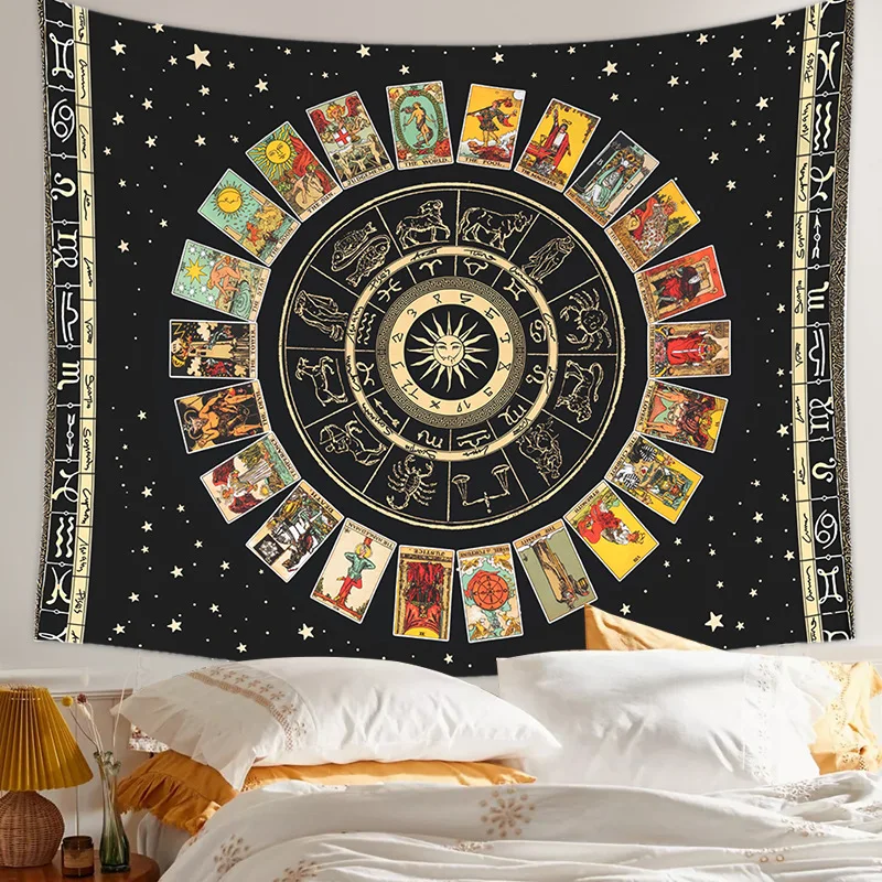 

Гобелен с мандалой, таро, карточкой, колесо зодиака, астрологическая схема, Таро великая Аркана, солнце и луна, Настенный декор для комнаты