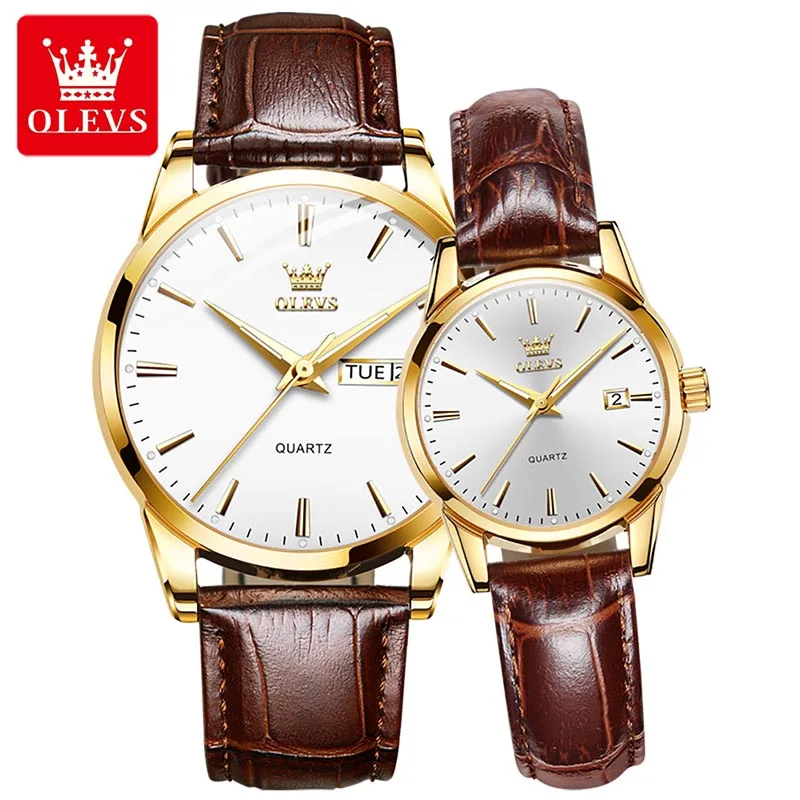 OLEVS Couple Watches Set Men Women Quartz Watch Mens Womens Genuine Leather Strap Luxury Gold Plated Case Lover Watch Gift 6898