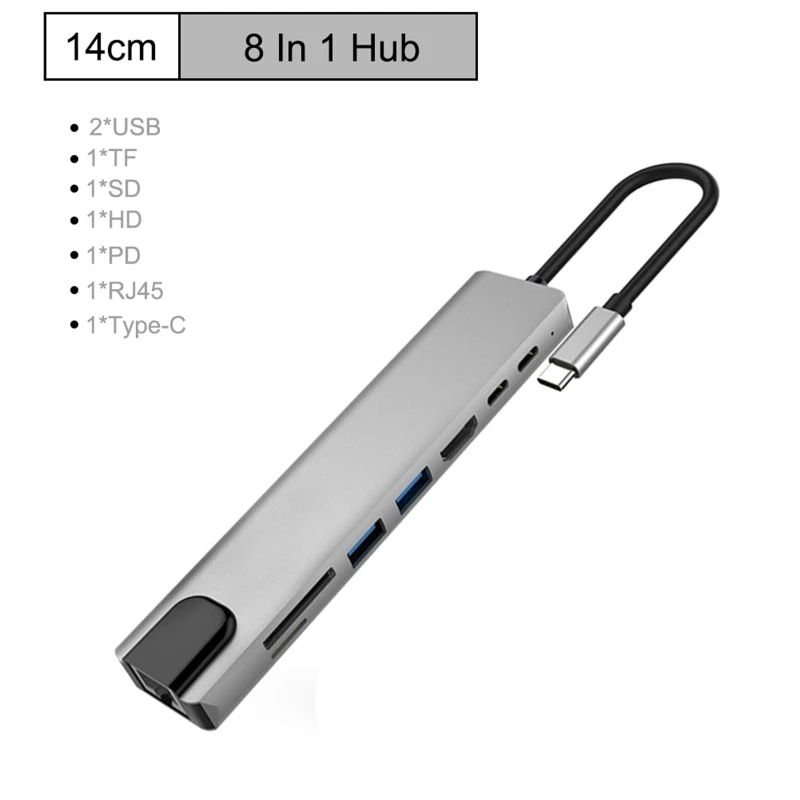

USB-концентратор 8 в 1, Type-C 3,1 на 4K HDMI-совместимый адаптер с кардридером RJ45 SD/TF PD для быстрой зарядки ноутбука