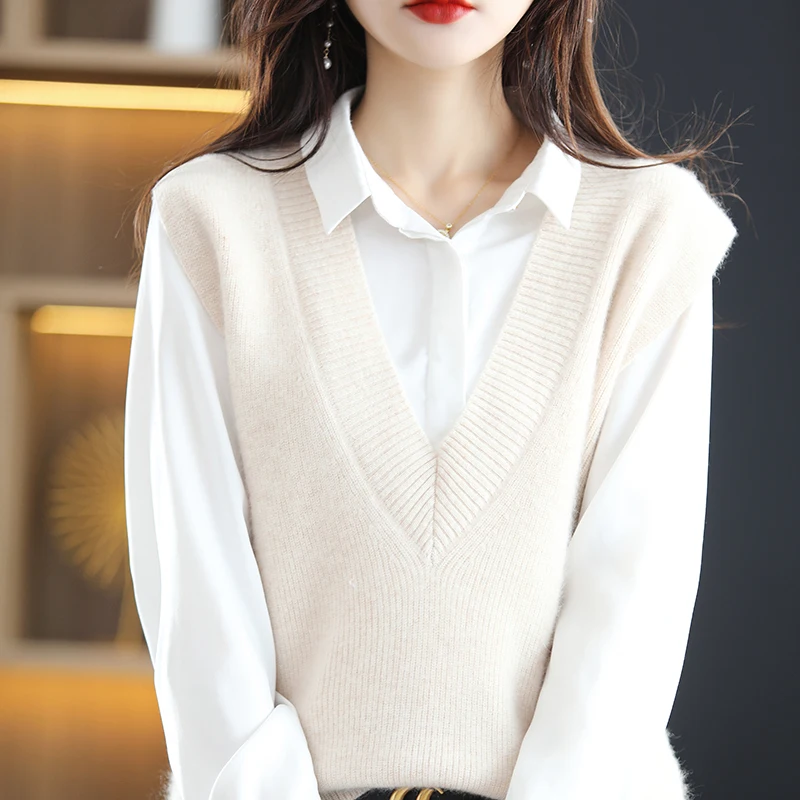 

Осень-зима 2022, Женский вязаный жилет из 100% шерсти, свободный свитер, жилет, Женский однотонный пуловер с V-образным вырезом, топы без рукавов