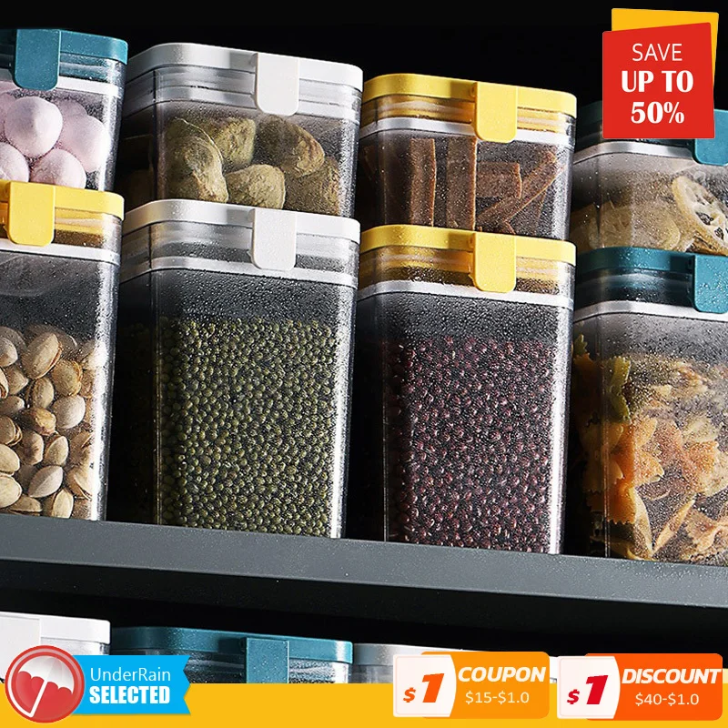 

Transparent Sealed Food Storage Airtight Cereal Plastic Container Box Organizer Kitchen Containers Household Items Jar Spices