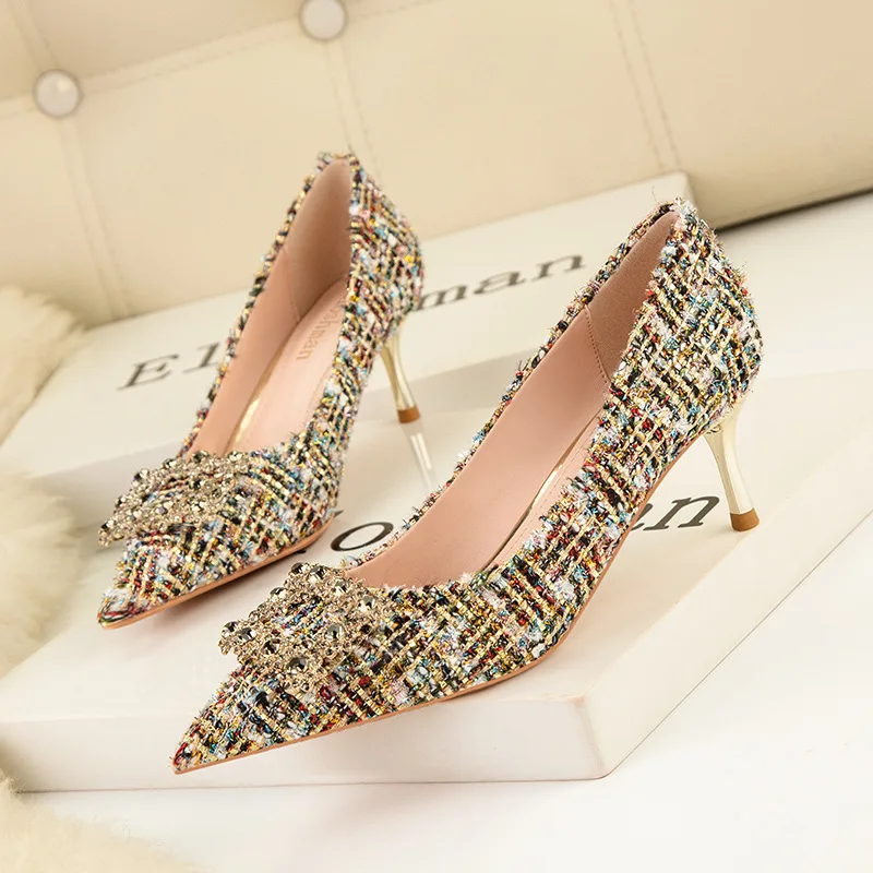 

Ballet High Heels Women's 2022 New Point Shiny Rhinestone Buckle Thin Heel Pointed Shallow Mouth Cat Heel Shoes High Heels