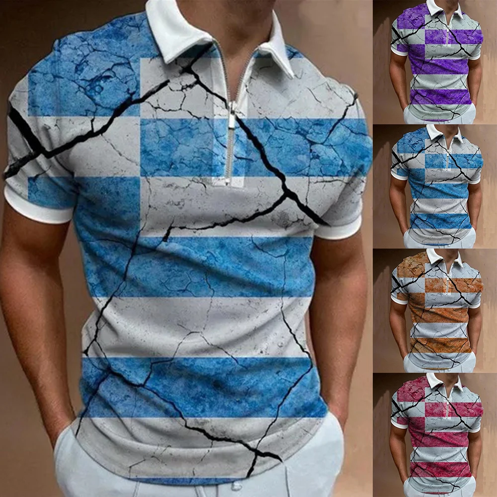 

Men Zip Collar Sports Casual Slim Short Sleeve Sport Dress Tee T Shirt Tops 3D Digital Print Turn-down Collar Polo Shirts