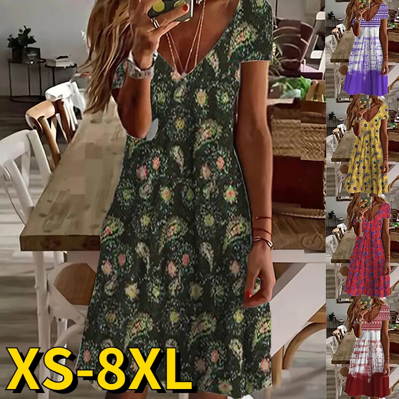 

2022 New Summer Women's Loose Skirt Retro Print Dress V-Neck Fashion Design Party Dress Casual Ladies Temperament Midi Skirt