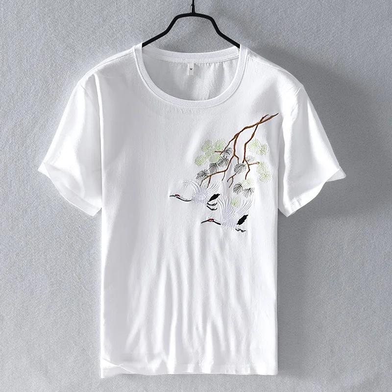 

Men Summer Traditional Chinese Crane Animal Embroidered Linen T-shirt Short Sleeve Slim White Boys Tshirts Oversized Tops Xxxl