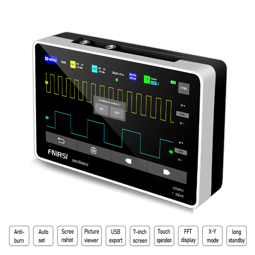 

FNIRSI-1013D Digital Tablet Oscilloscope 2 Channel 100M Analog Bandwidth 1GSa/s Sampling Rate Mini Oscilloscope Touch Screen