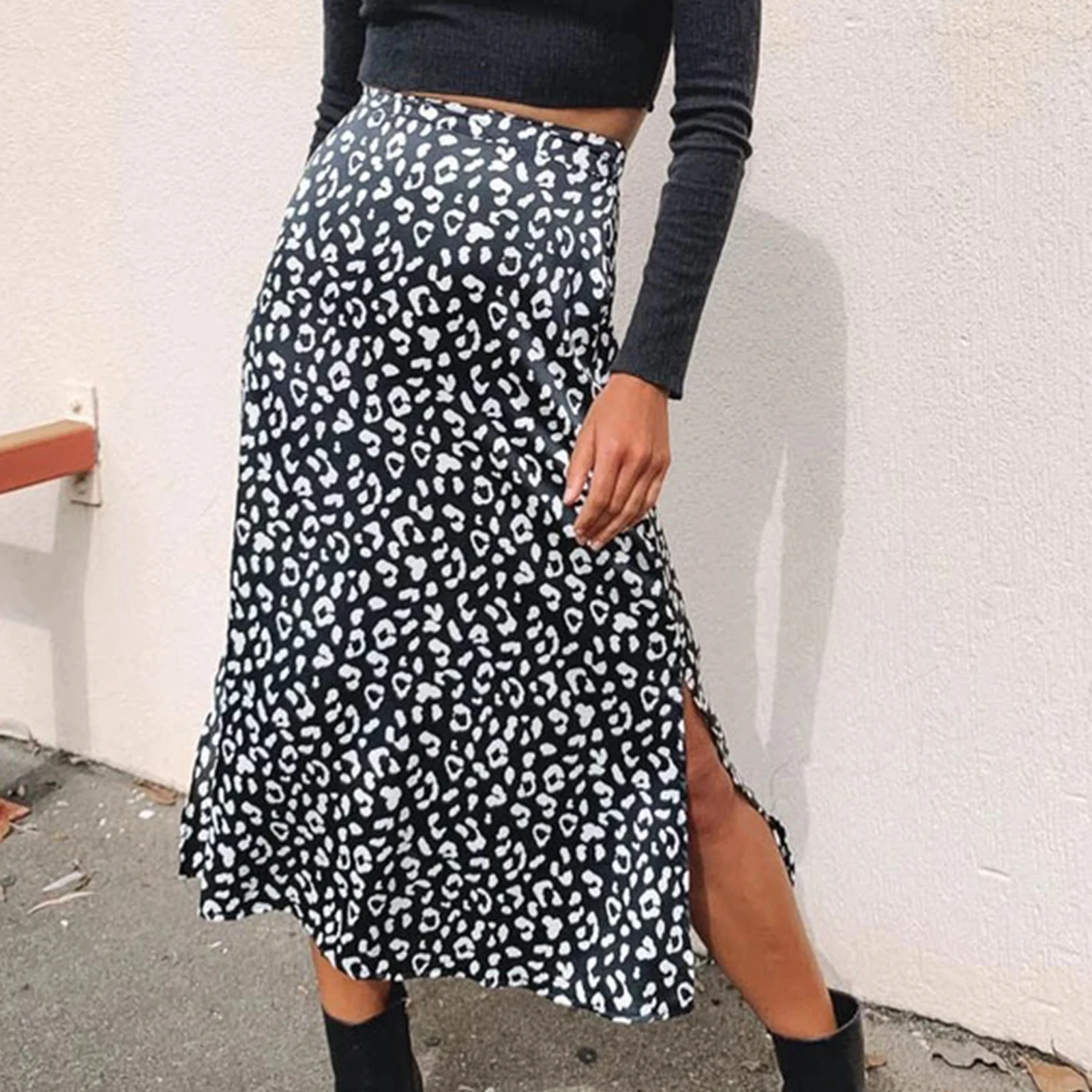 

High Waist Basic Skirt Leopard Print Casual Maxi Skirts Side Slit Women Summer Skirt Sexy Zipper Loose Fit Daily Clothing