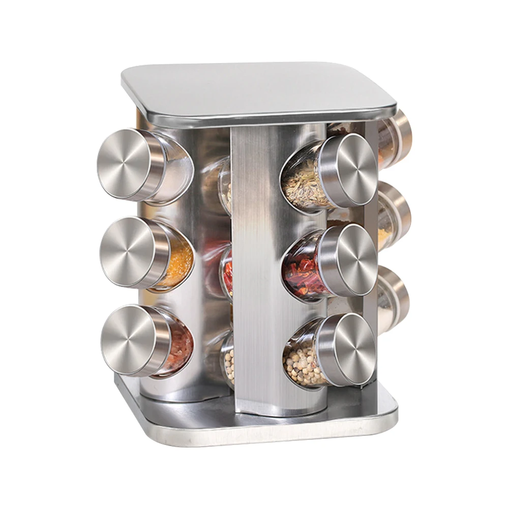 

Seasoning Rack With 12 Glass Jars Herbs Home Storage Revolving Rotating Stainless Steel Free Standing Spices Organizer Kitchen