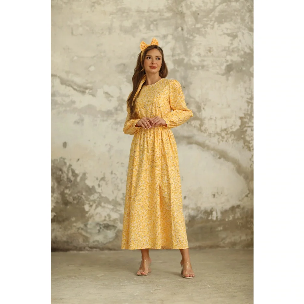 

Женское длинное платье с принтом «маргаритки», желтое Хлопковое платье с длинными рукавами и круглым вырезом, новый сезон, весна-лето