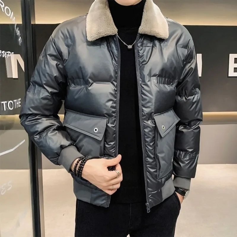 Winter Glossy Men Down Jacket Tooling Style Lapel Thicken Warm Casual Coat Black Grey Korean Fashion Loose Men Short Outerwear