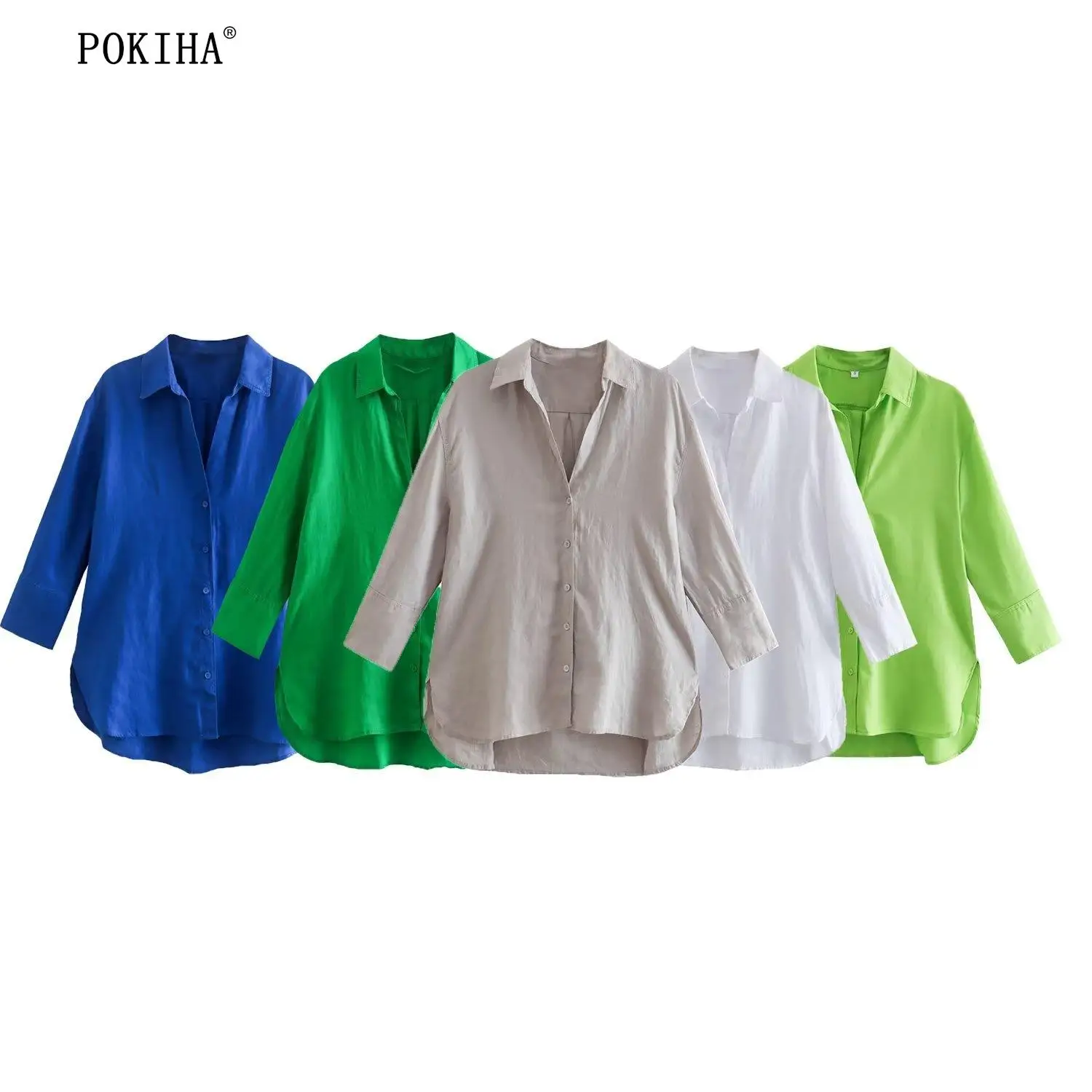 

Pokiha 2023 New Women Fashion With Side Vents Asymmetric Linen Shirts Vintage Long Sleeve Front Buttons Female Blouses Chic Tops