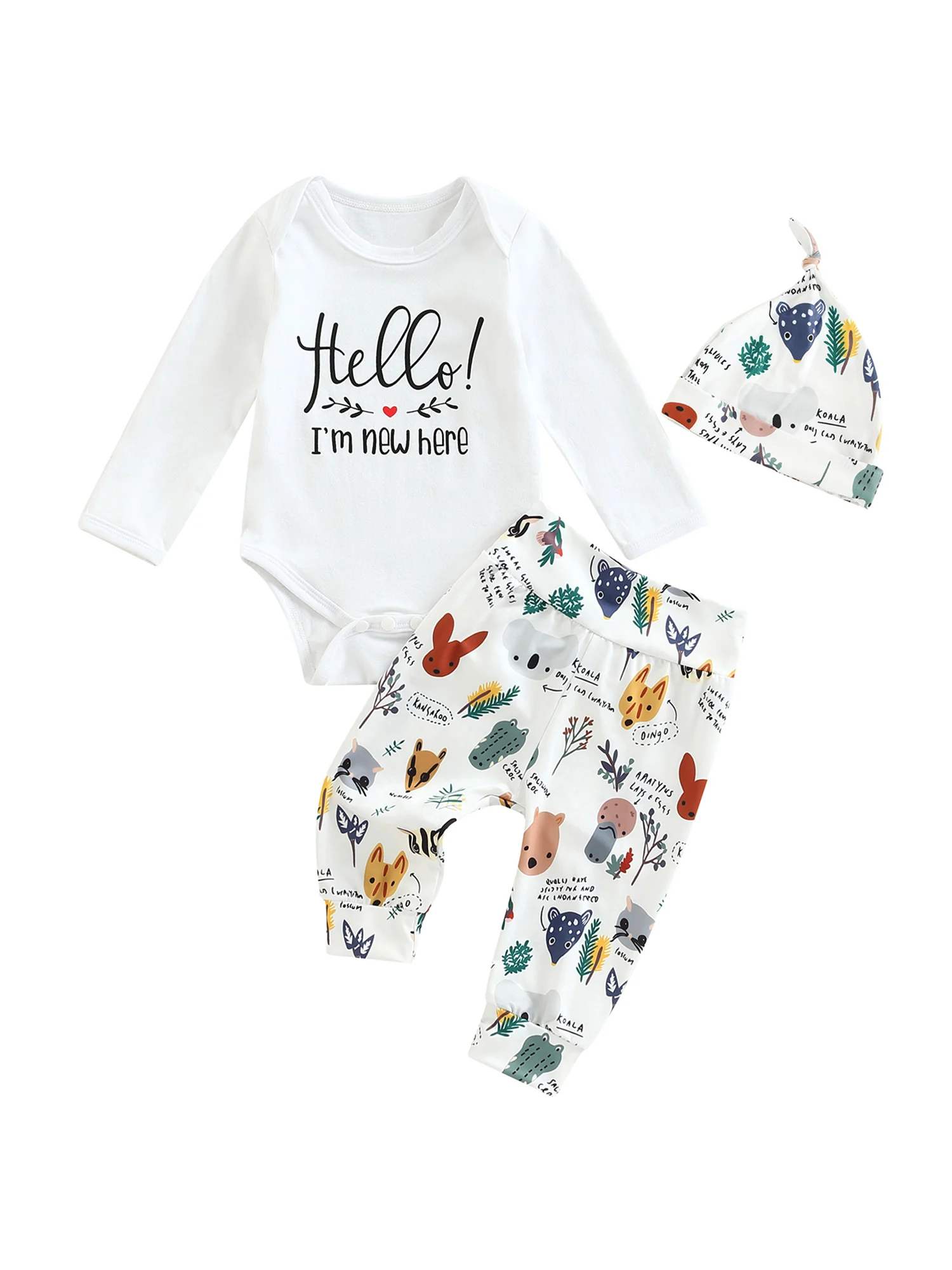 

Mubineo Hello Im New Here Newbron Baby Boy Outfit Animal Print Romper Pant Hat 3pcs Clothes Set