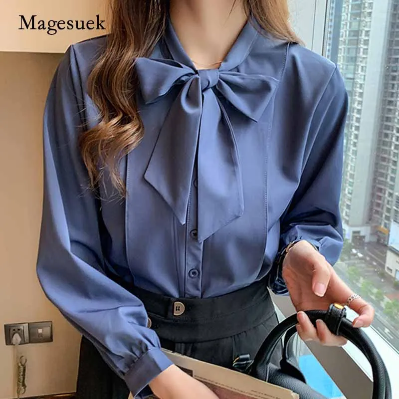 

Blue Bow Tie Elegant Blouse Women Long Sleeve Tops Vintage Fashion Women Blouses Loose Button Chiffon White Shirt Blusas 10693