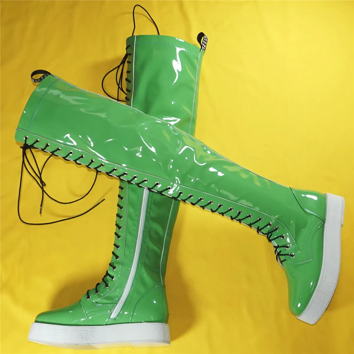 Fashion Sneakers Women Lace Up Patent Leather Over The Knee Thigh High Boots Female Round Toe Chunky Platform Pumps Casual Shoes