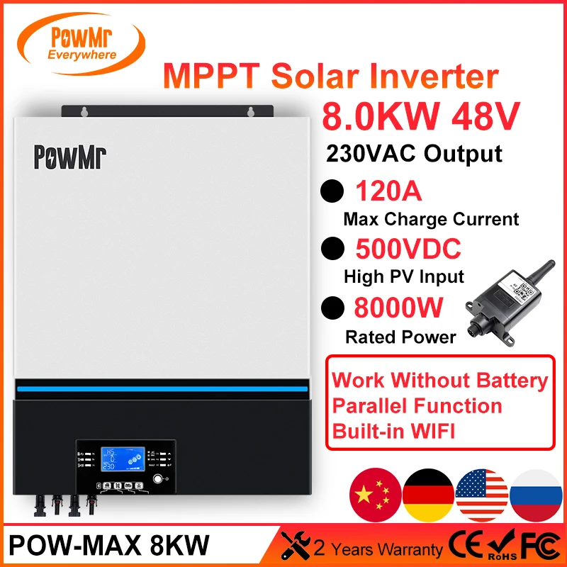 

PowMr 8000W 230V 48V 500vdc PV Hybrid Solar Inverter Input 120A MPPT Solar Charger Built-in WIFI Pure Sine Wave Parallel 6 Units