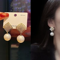 2022 new fashion trend vintage large simulated pearl pendant stud earrings womens geometric metal rhinestone earrings jewelry