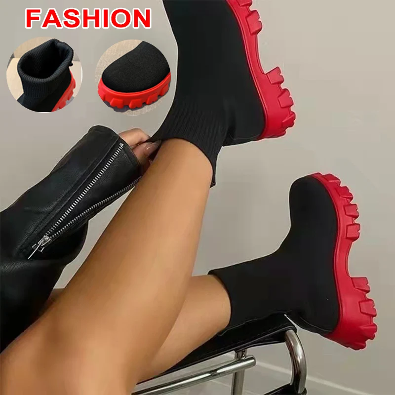 

Новые женские ботинки, осенне-зимняя обувь с носками, женская повседневная обувь на толстой подошве больших размеров, сохраняющие тепло вязаные сетчатые короткие сапоги для женщин