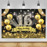 16th birthday backdrop black gold glitter boys girls 16 years old birthday party photography background photo booth props