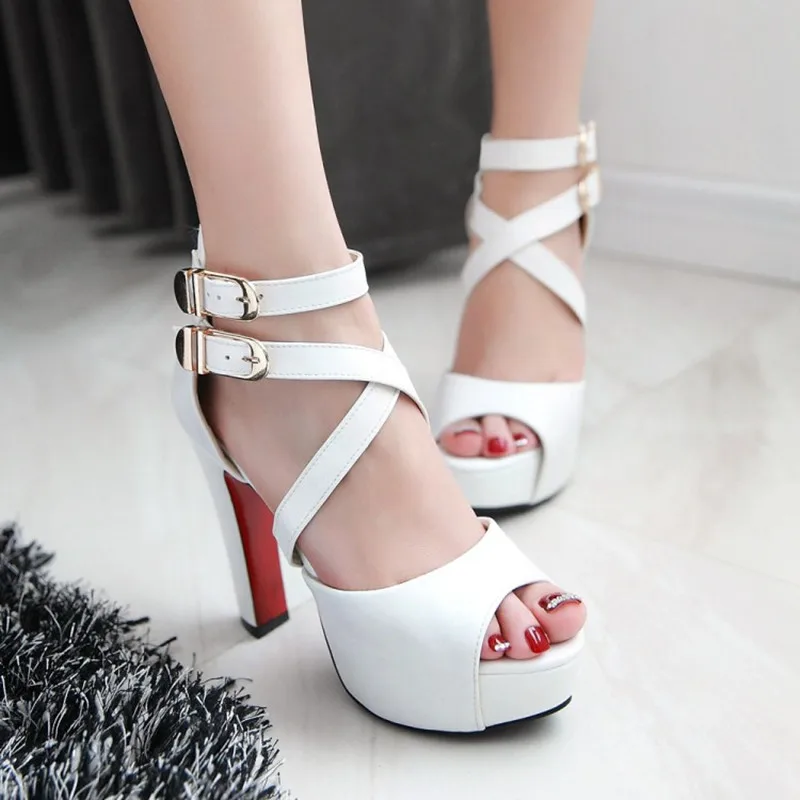 

Ochanmeb Sexy High Heels Sandals Platformed Gladiator Sandals Women Black White Cross-Strap Double Buckle Shoes Peep Open Toe 43