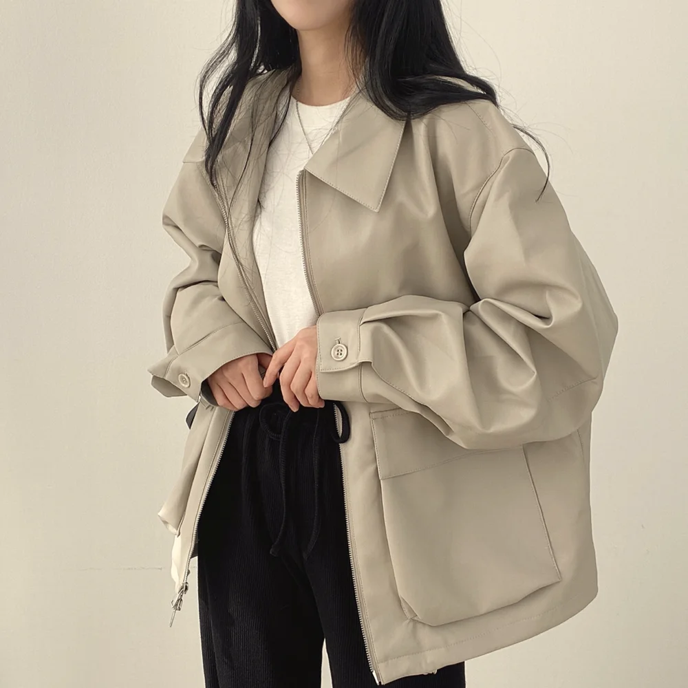 Korean chic vintage lapel large pocket zippered cardigan jacket loose casual long sleeved leather jacket short coat women