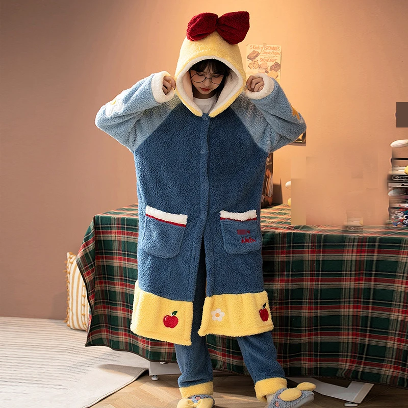 Winter Warm Pajamas Set Women Kawaii Sleepwear Fleece Nightgown Cartoon Cosplay Coral Fleece Hooded Thicken Night Dress Pyjamas