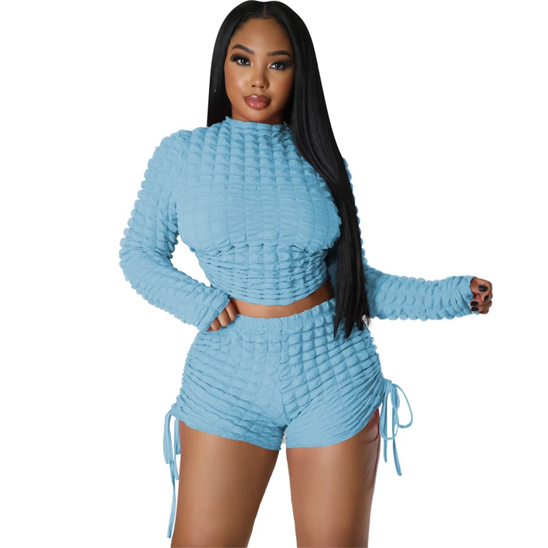 2023 Summer Puffy Popcorn 2 Piece Set Women Outfits Lace Up Backless Long Sleeve Crop Top Shorts Sexy Suit Tracksuits Swimsuit