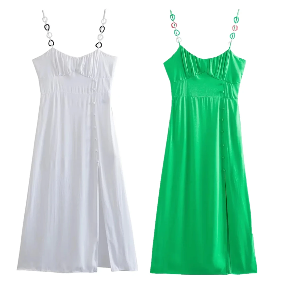 

Withered 2022 Fashion Sexy Colored Chain Spaghetti Straplesss Satin Straight Suspender Dress Women