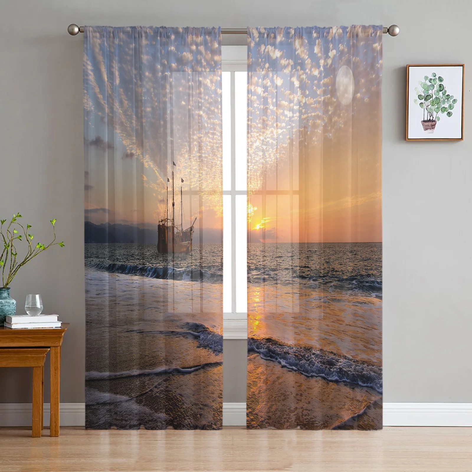 Pirate Ship Seaside Beach Dusk Tulle Curtains For Living Room Bedroom Kitchen Decoration Chiffon Sheer Voile Window Curtains