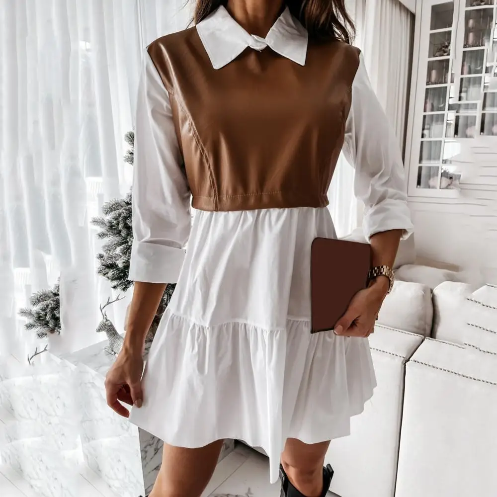 

Long Sleeve Women Mini Dress Mini Loose Fashion Dress Color Matching Shirt Collar Patchwork Dress
