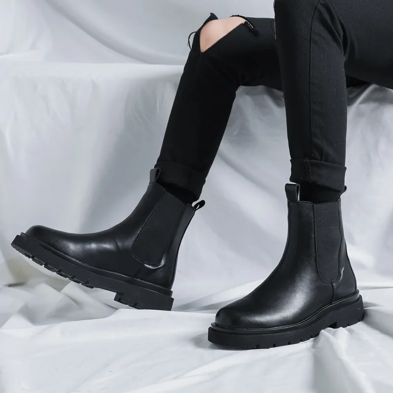 2023 Spring Autumn Winter Chelsea boots Men's Japan Korean Fashion Boots British Plush High Top Black Men's Shoes