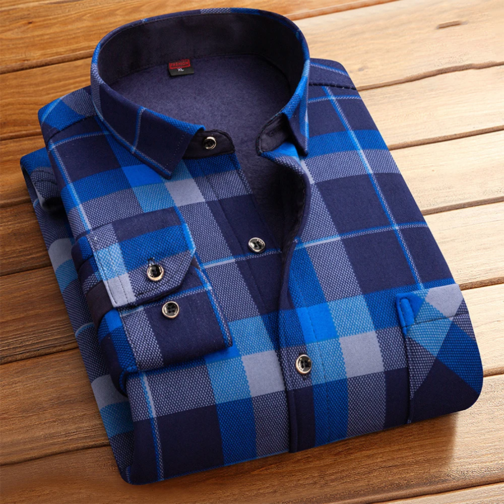 Men Plaid Flannel Shirt Jacket Cotton Padded Fleece Lined Button Down Shirt Winter Warm Thermal Tops Shirt