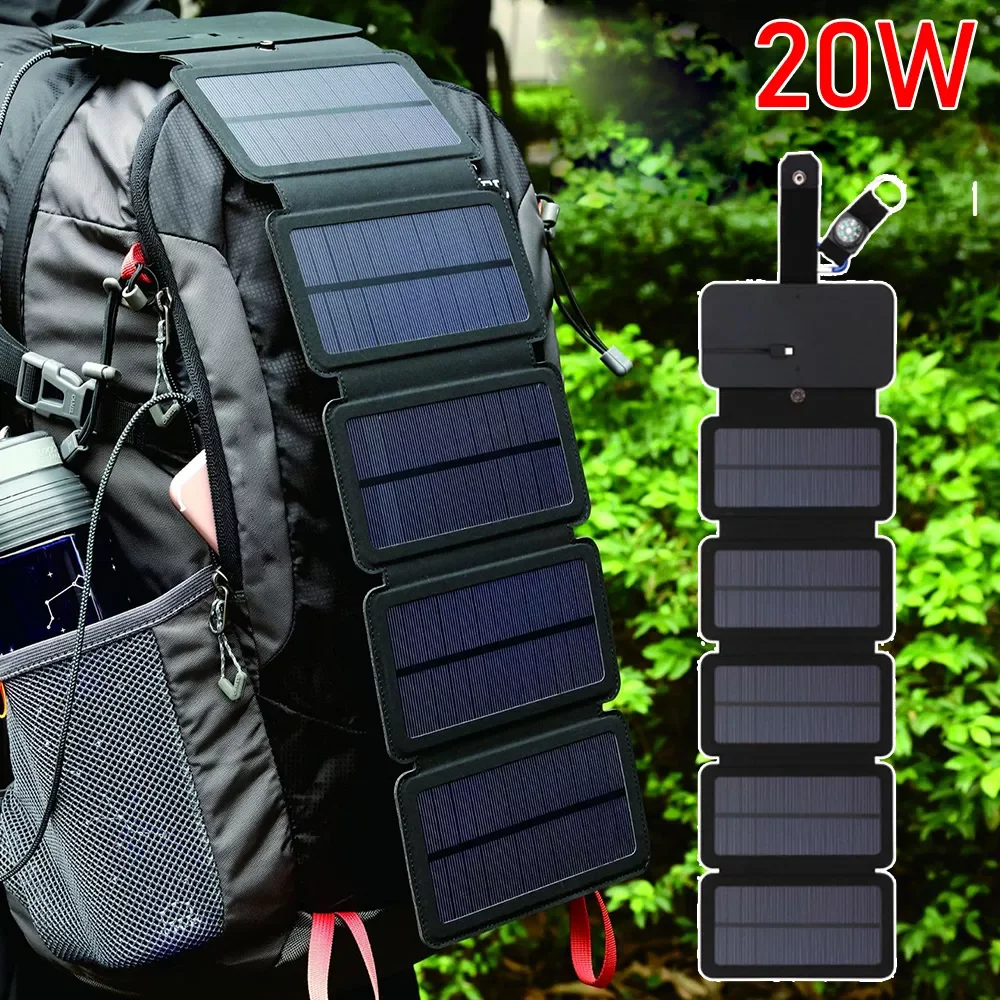 

2023NEW 20W Foldable Solar Panel USB Solar Cells 5V Portable Battery Charger Outdoor Solar Charger Power Bank for Smartphones Ch