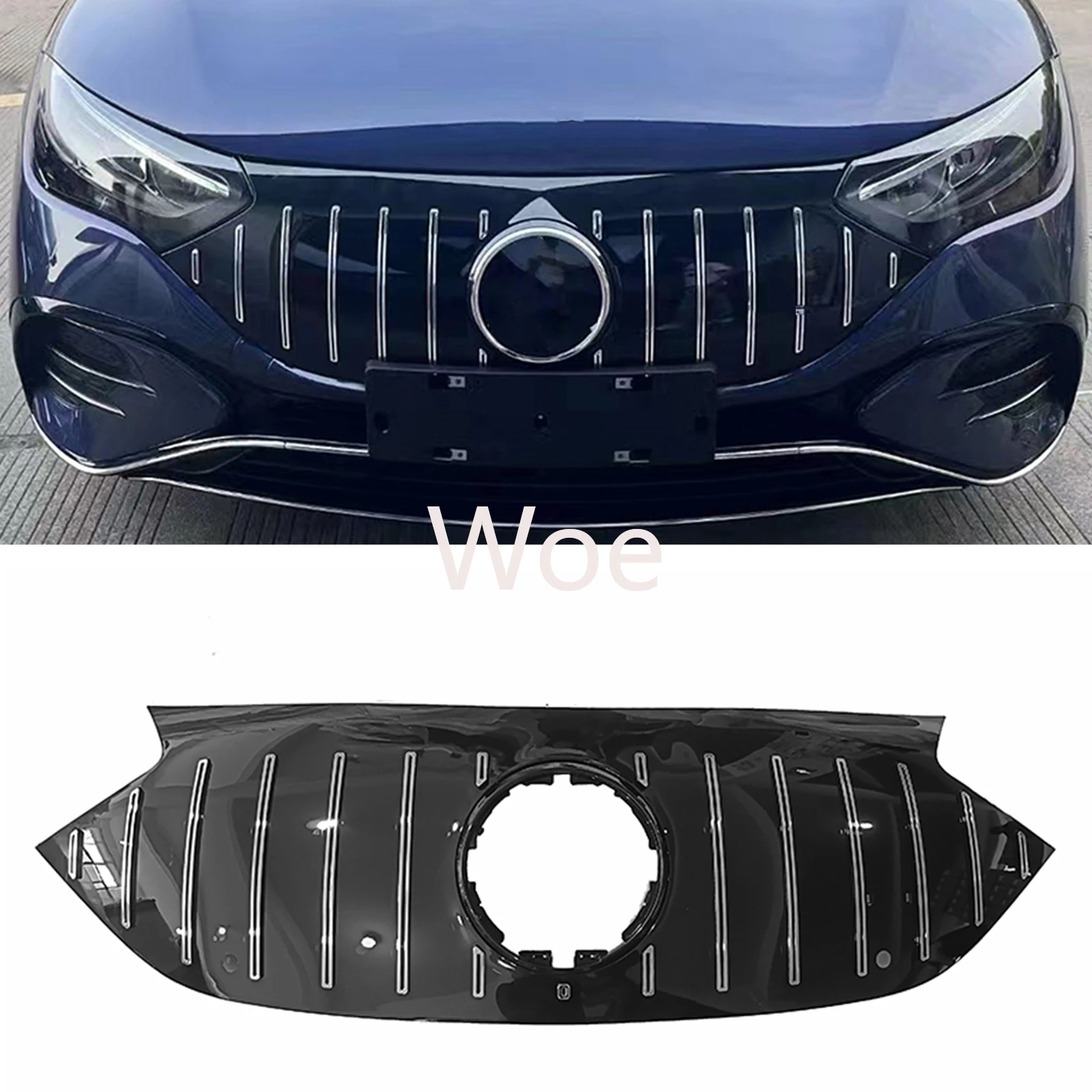 Фото Передняя решетка радиатора Woe Car для Mercedes-Benz EQE Class W295 V295 EQE350 EQE450 EQE500 2022-2024, верхняя сетчатая накладка в стиле GT, комплект обвеса №3