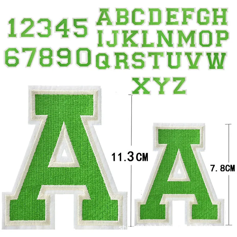 

Зеленые вышитые буквы 11,3 СМ, термоклейкая нашивка, Джерси, цифры, фигуры, аппликация, алфавит, Униформа, наклейка для одежды, вышивка, значок с именем