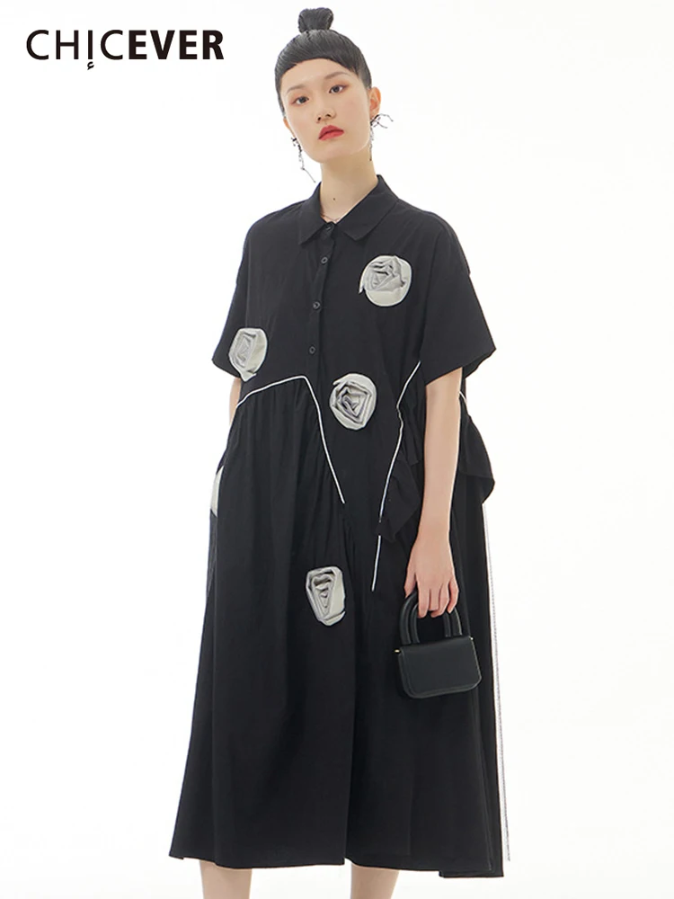 

CHICEVER Fashion Patchwork Floral Midi Dress For Women Lapel Short Sleeve Solid Loose Long Dresses Female Summer Clothing Style