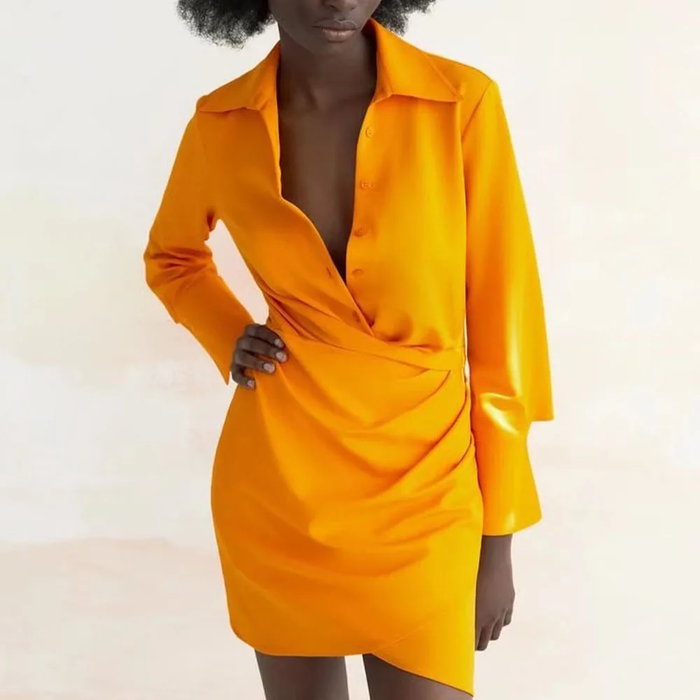 

Женское повседневное однобортное платье, оранжевое плиссированное платье средней длины для весны и лета